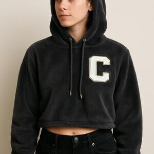 Champion Cropped Fuzzy Hoodie XS – Black Plush Varsity Patch-NWOT